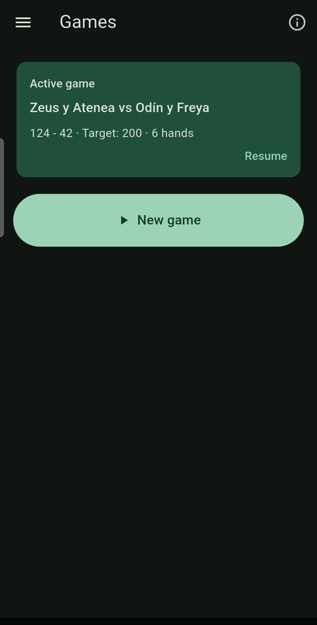 Pantalla de partidas: la partida activa con el marcador y la meta.